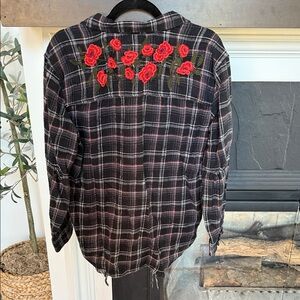 American Eagle Plaid Shirt with Red Floral Embroidery